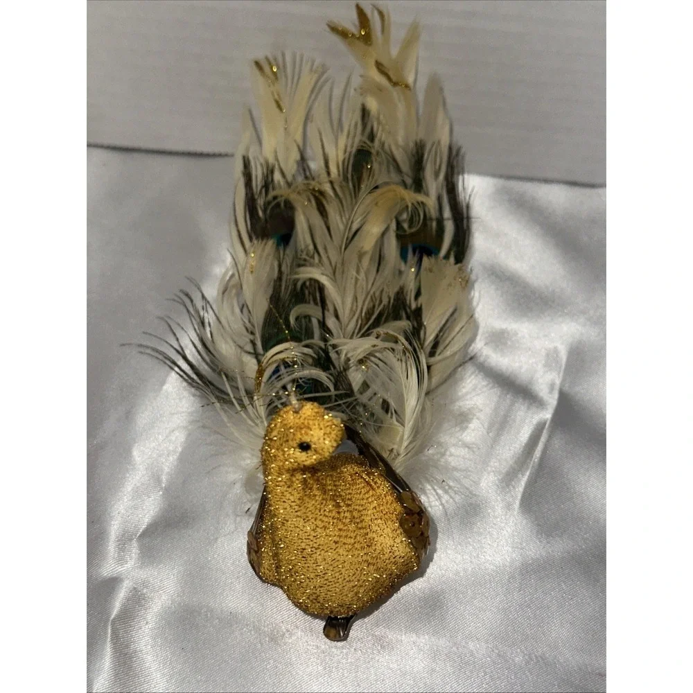 Vtg Pier One Gold Peacock Clip On Ornament Embellished Feathered Vintage Lot 2